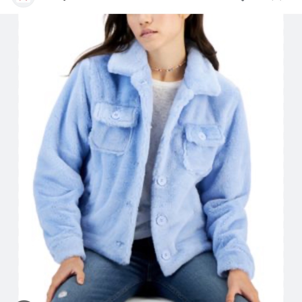 Crave FAME Almost Famous Blue Faux Fur Cropped Trucker Shacket Sz XL